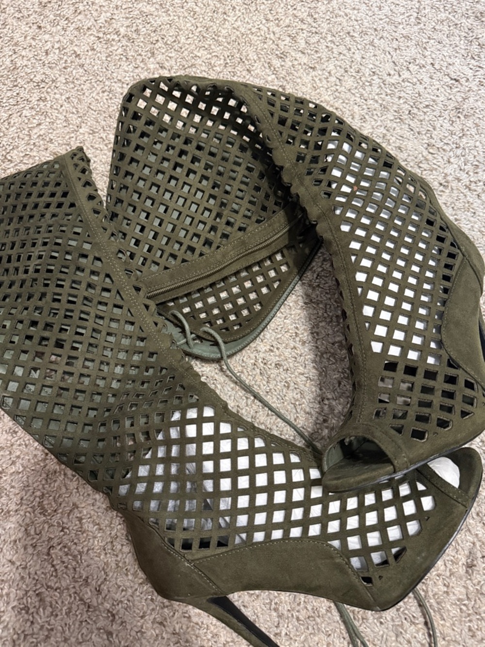 Olive Green Laser-Cut High Heel Booties